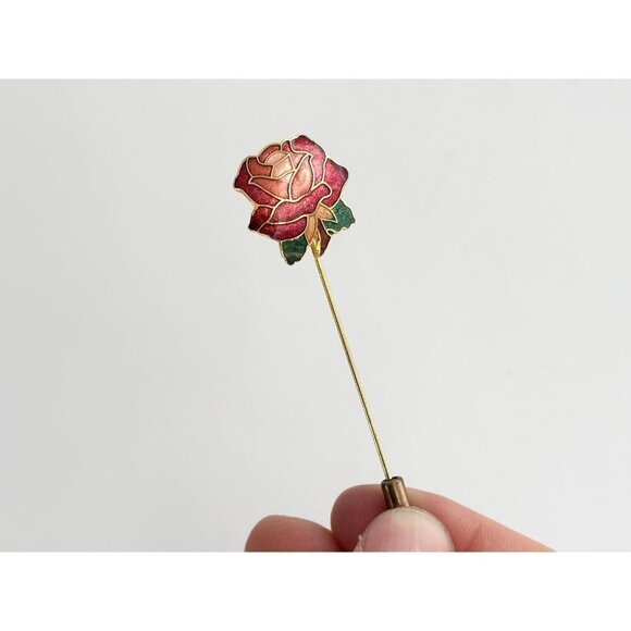 Cloissone Floral Rosebud Vintage Gold Toned Oval Vintage Stick Pin | Hat Pin - Picture 5 of 10